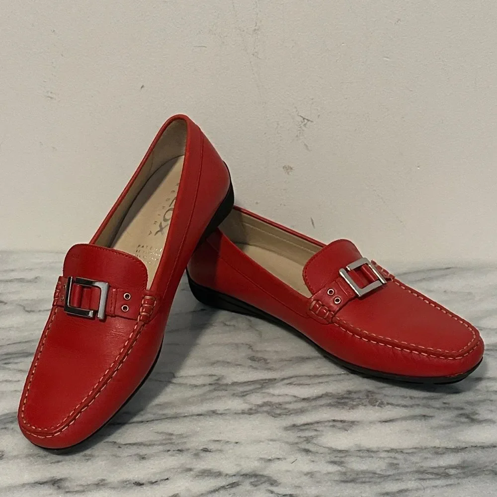 Geox Vibrant Red Leather Loafers womens sz 37.5